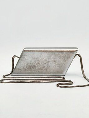 Saint Laurent Metallic Silver Leather Chain Crossbody Clutch Bag